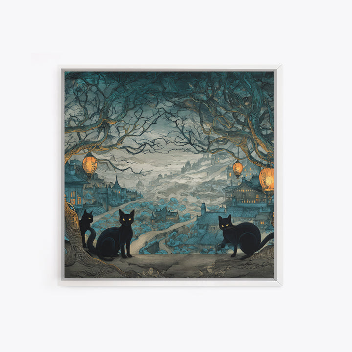 The Moonlit Cat Masquerade - Environmental Panorama, Spooky Wall Decor, Square Wall Art, Framed Canvas Print, Halloween Home Decor