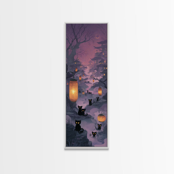 The Moonlit Cat Masquerade - Environmental Panorama, Macabre Halloween Art, Tall Narrow Wall Art, Framed Canvas Print, Halloween Home Decor