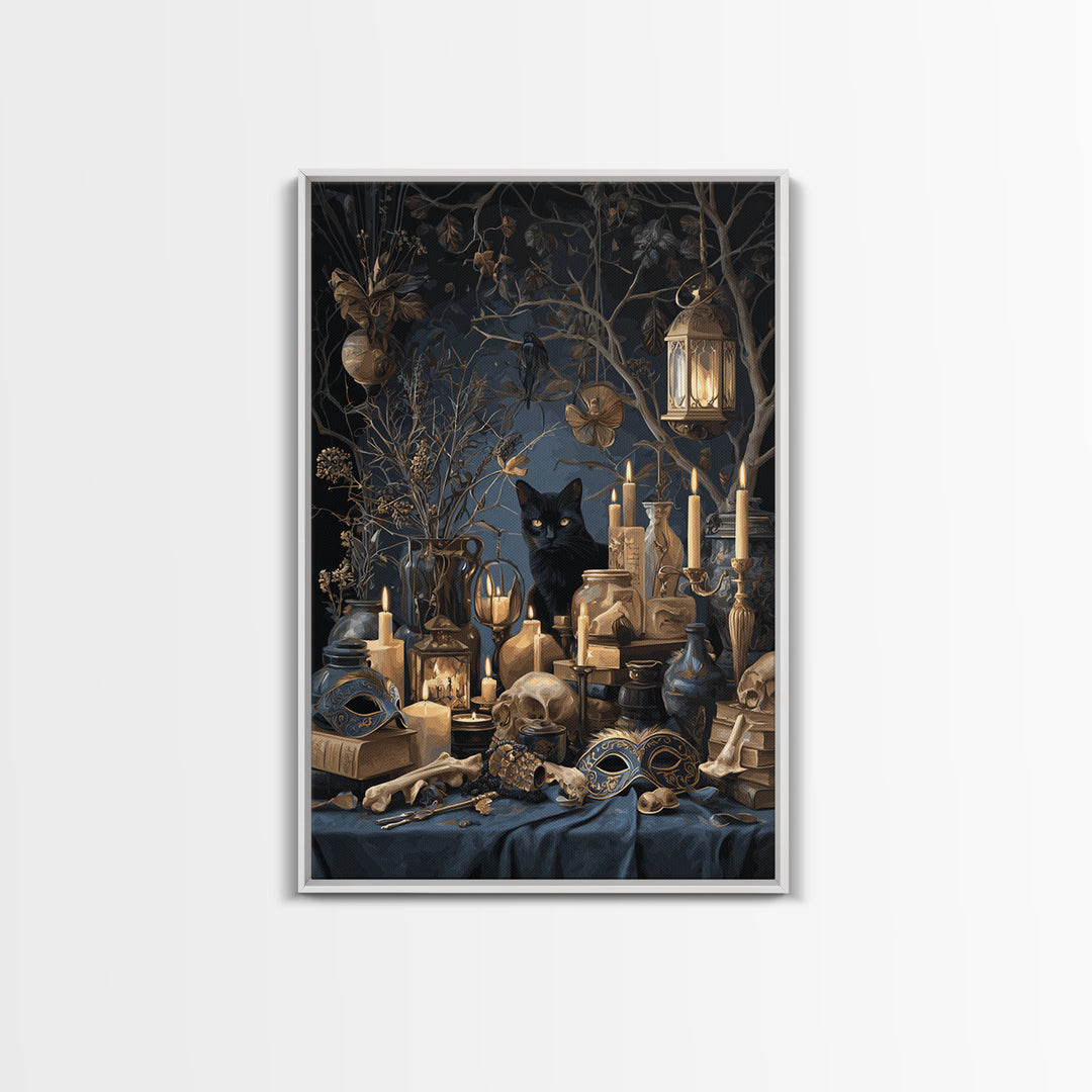 The Moonlit Cat Masquerade - Occult Still Life, Halloween Wall Art, Vertical Wall Art, Framed Canvas Print, Halloween Home Decor