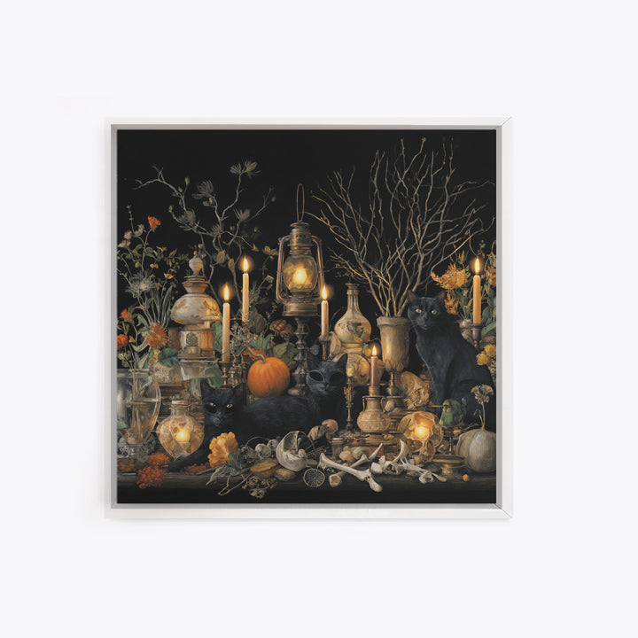 The Moonlit Cat Masquerade - Occult Still Life, Dark Fantasy Wall Art, Square Wall Art, Canvas Print, Halloween Home Decor, Gothic Wall Art