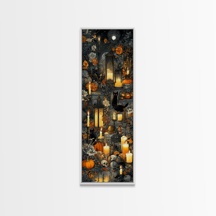 The Moonlit Cat Masquerade - Occult Still Life, Gothic Home Decor, Tall Narrow Wall Art, Canvas Print, Halloween Home Decor, Gothic Wall Art