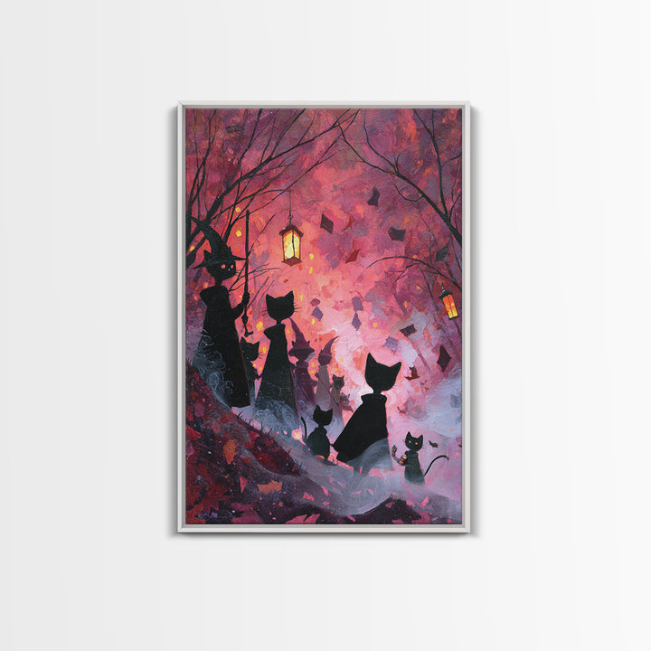 The Moonlit Cat Masquerade - Procession Scene, Macabre Halloween Art, Vertical Wall Art, Framed Canvas Print, Halloween Home Decor