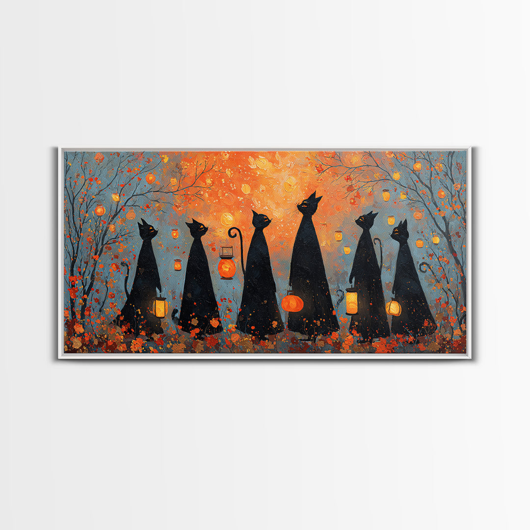 The Moonlit Cat Masquerade - Procession Scene, Spooky Wall Decor, Wide Panoramic Art, Framed Canvas Print, Halloween Home Decor