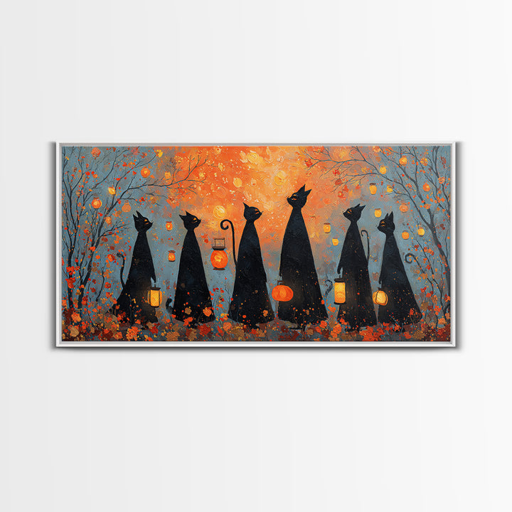 The Moonlit Cat Masquerade - Procession Scene, Spooky Wall Decor, Wide Panoramic Art, Framed Canvas Print, Halloween Home Decor
