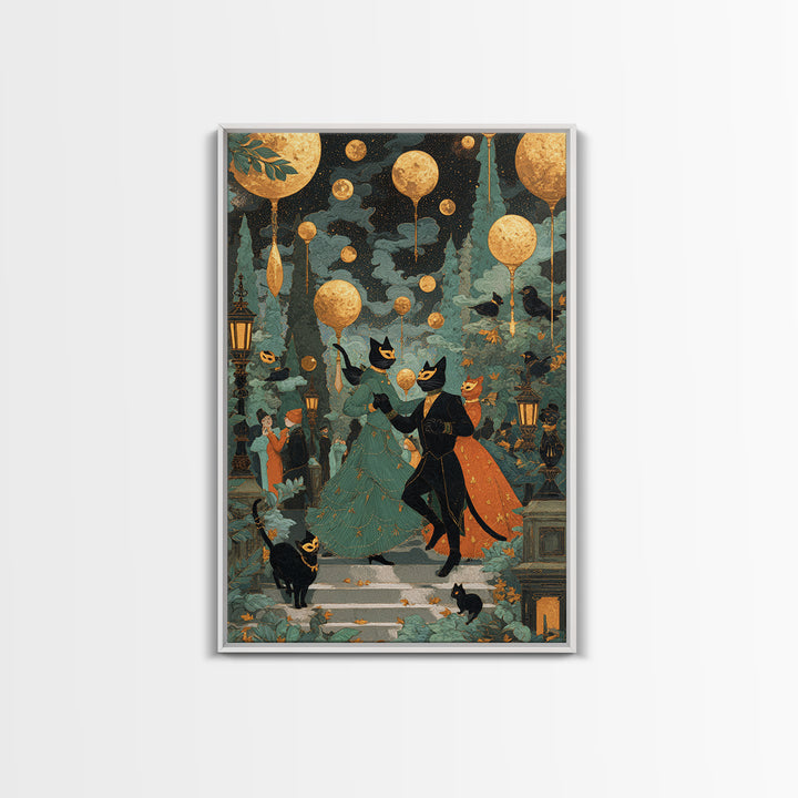The Moonlit Cat Masquerade - Surreal Celestial Vision, Spooky Wall Decor, Vertical Wall Art, Framed Canvas Print, Halloween Home Decor