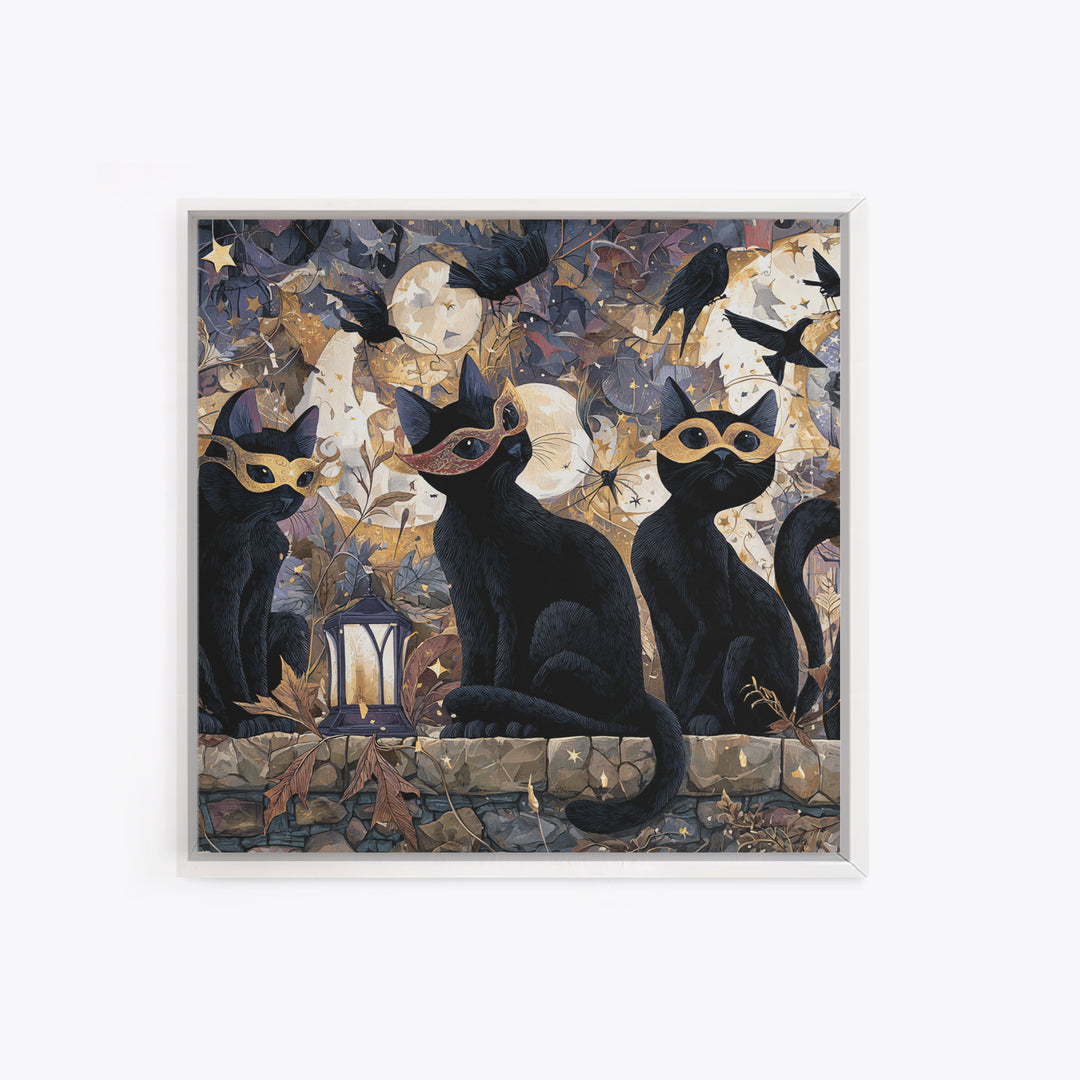 The Moonlit Cat Masquerade - Surreal Celestial Vision, Occult Wall Decor, Square Wall Art, Canvas Print, Halloween Home Decor