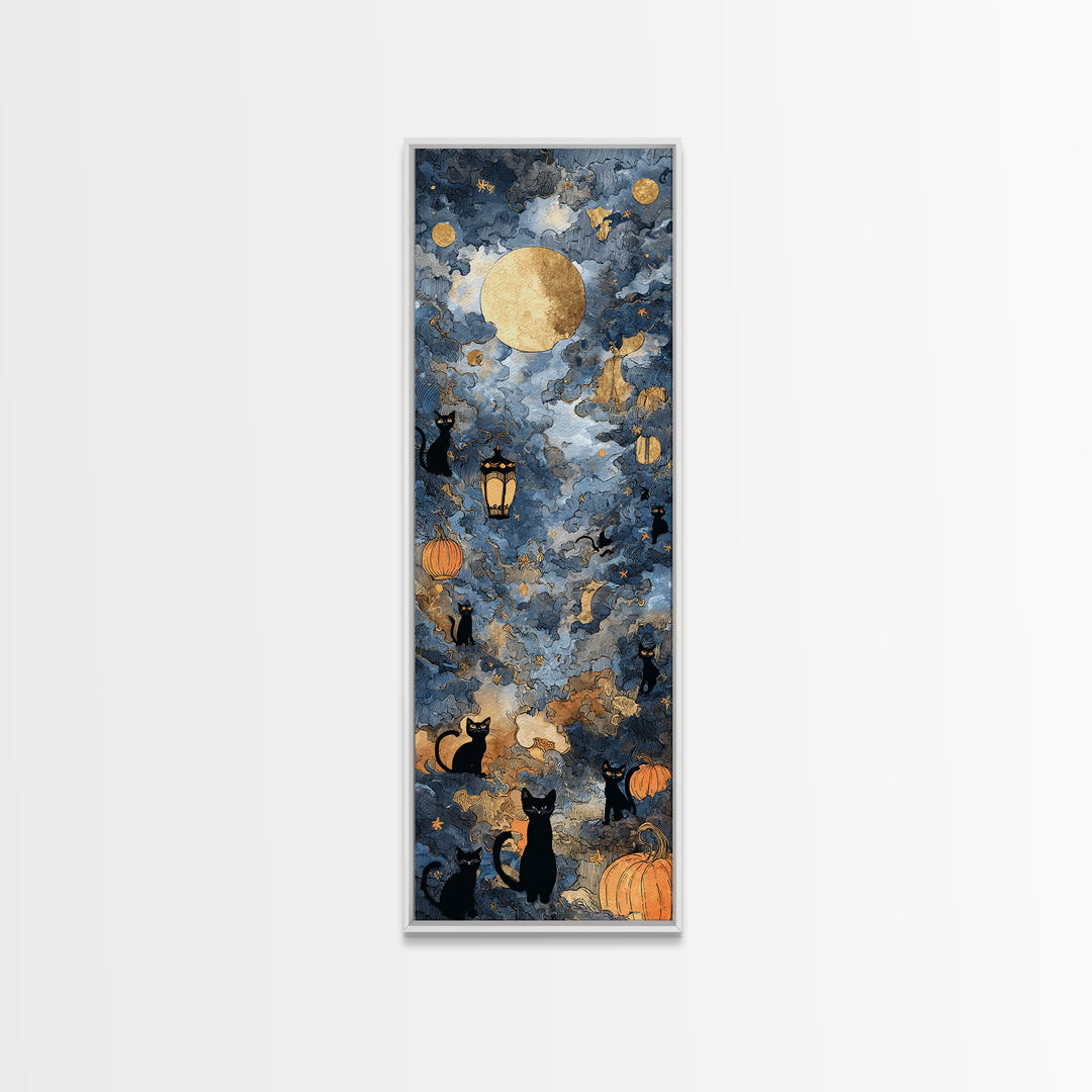 The Moonlit Cat Masquerade - Surreal Celestial Vision, Occult Wall Decor, Tall Narrow Wall Art, Canvas Print, Halloween Home Decor