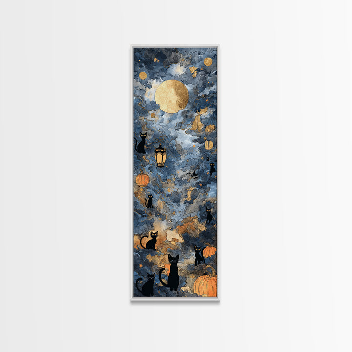 The Moonlit Cat Masquerade - Surreal Celestial Vision, Occult Wall Decor, Tall Narrow Wall Art, Canvas Print, Halloween Home Decor