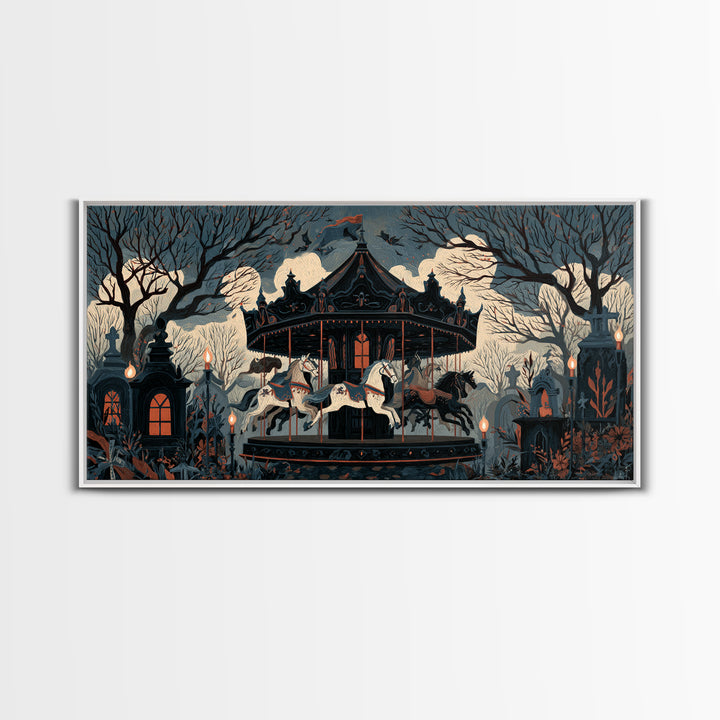 The Graveyard Carousel - Icon Portrait, Occult Wall Decor, Wide Panoramic Art, Canvas Print, Halloween Home Decor, Gothic Wall Art