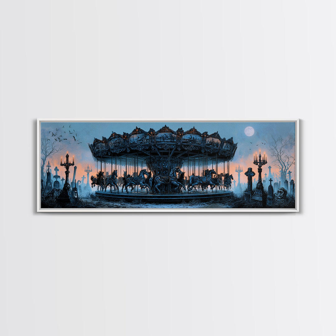 The Graveyard Carousel - Icon Portrait, Dark Fantasy Wall Art, Extra Wide Wall Art, Canvas Print, Halloween Home Decor, Gothic Wall Art