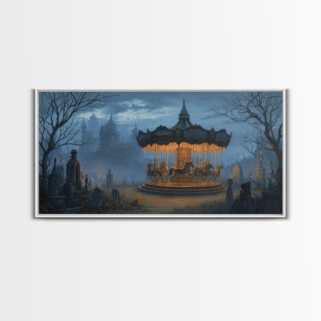The Graveyard Carousel - Environmental Panorama, Spooky Wall Decor, Wide Panoramic Art, Framed Canvas Print, Halloween Home Decor