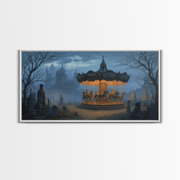 The Graveyard Carousel - Environmental Panorama, Spooky Wall Decor, Wide Panoramic Art, Framed Canvas Print, Halloween Home Decor