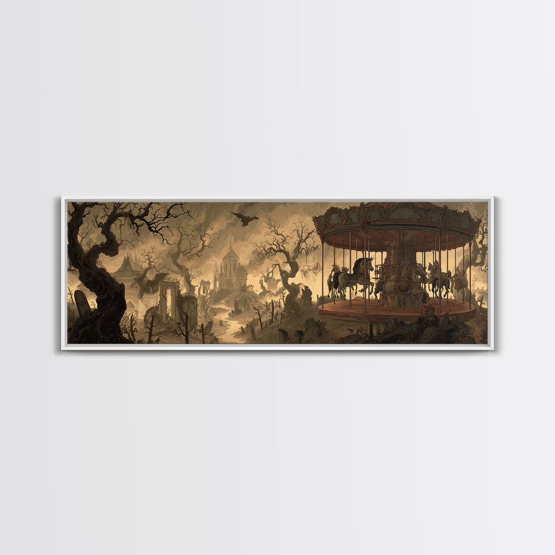 The Graveyard Carousel - Environmental Panorama, Dark Fantasy Wall Art, Extra Wide Wall Art, Canvas Print, Halloween Home Decor
