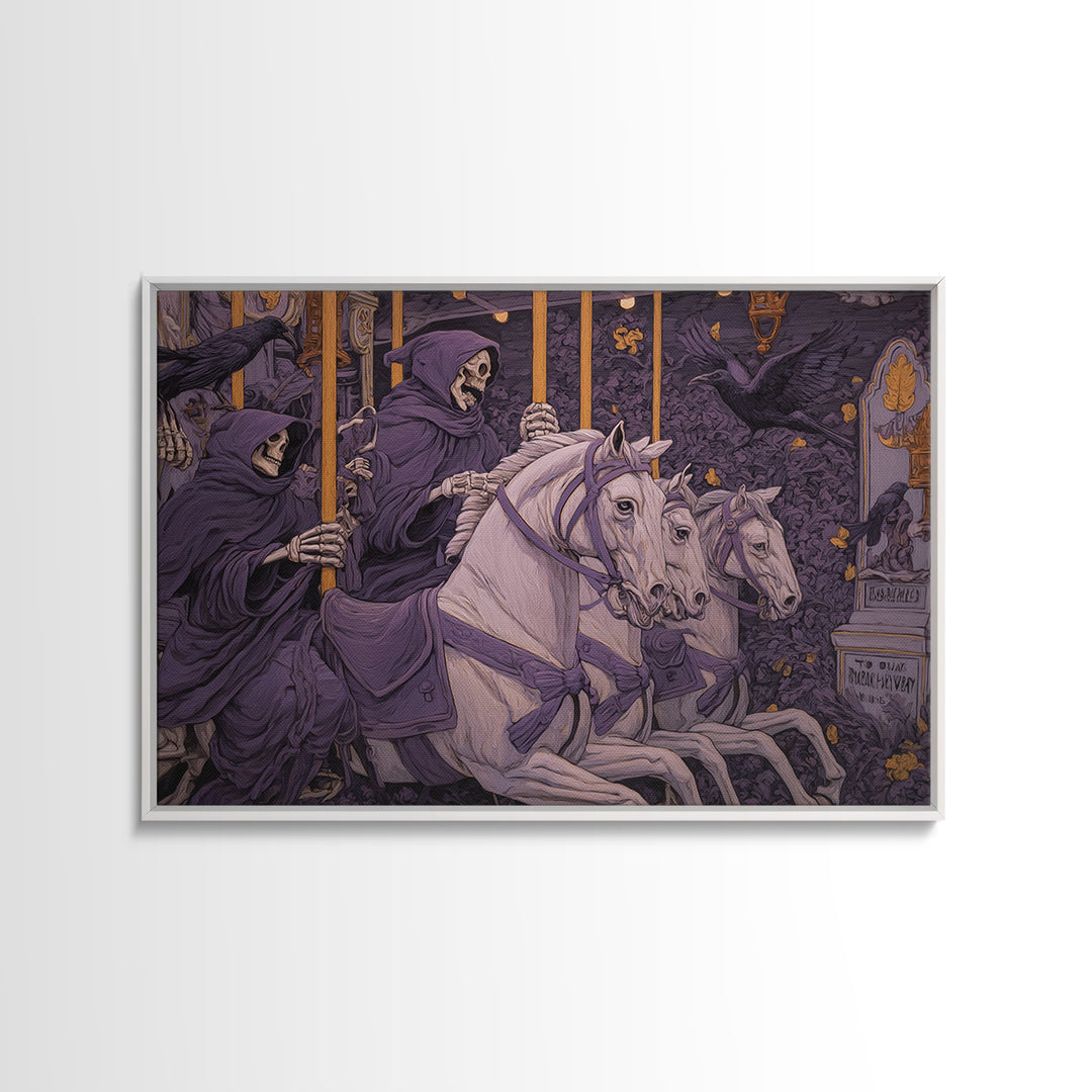The Graveyard Carousel - Procession Scene, Macabre Halloween Art, Landscape Wall Art, Framed Canvas Print, Halloween Home Decor