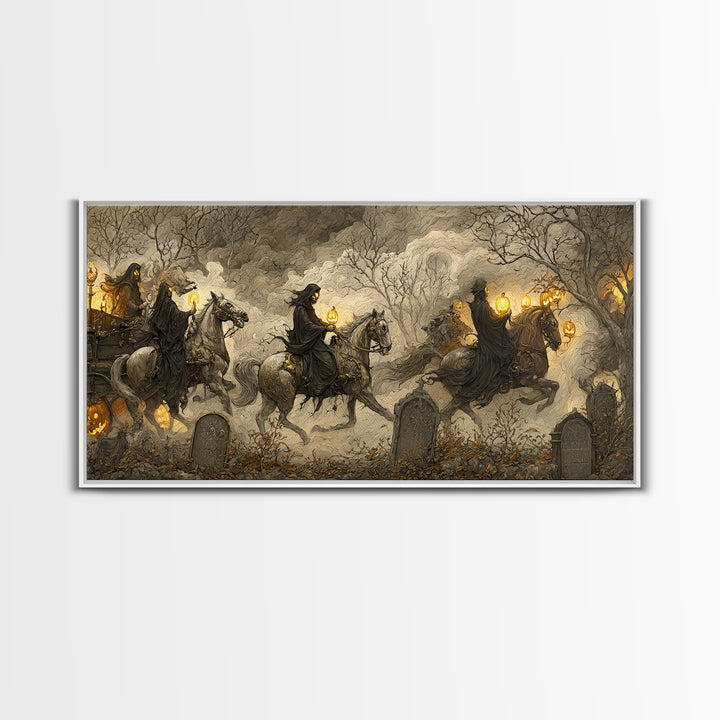 The Graveyard Carousel - Procession Scene, Halloween Wall Art, Wide Panoramic Art, Framed Canvas Print, Halloween Home Decor