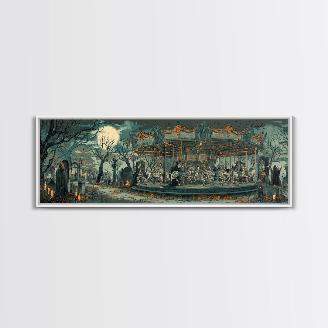 The Graveyard Carousel - Procession Scene, Halloween Wall Art, Extra Wide Wall Art, Framed Canvas Print, Halloween Home Decor