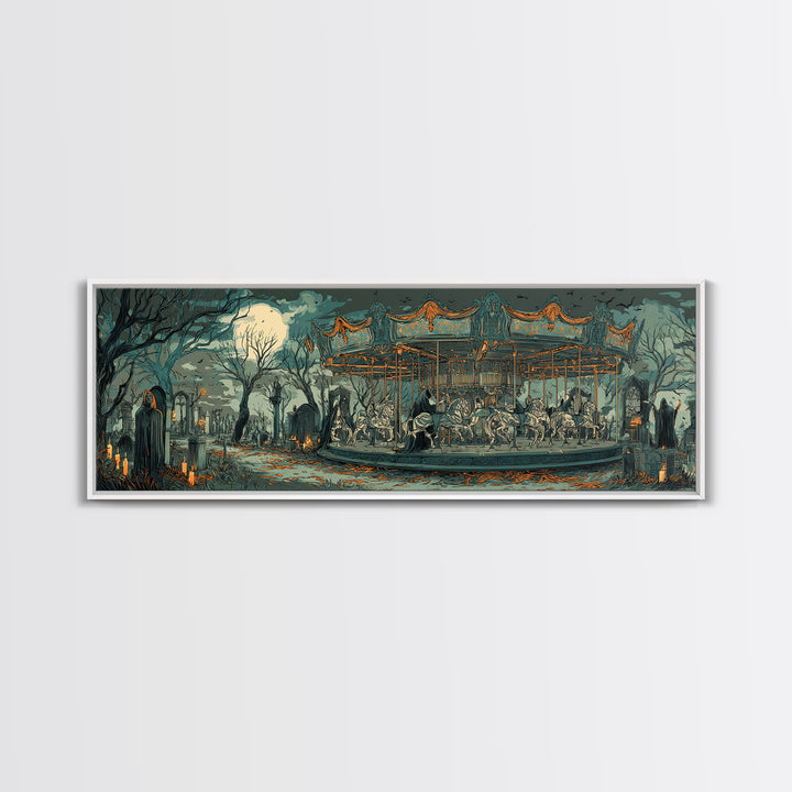 The Graveyard Carousel - Procession Scene, Halloween Wall Art, Extra Wide Wall Art, Framed Canvas Print, Halloween Home Decor