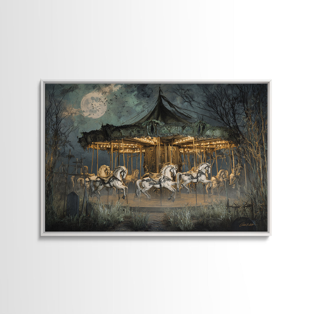 The Graveyard Carousel - Surreal Celestial Vision, Spooky Wall Decor, Landscape Wall Art, Framed Canvas Print, Halloween Home Decor