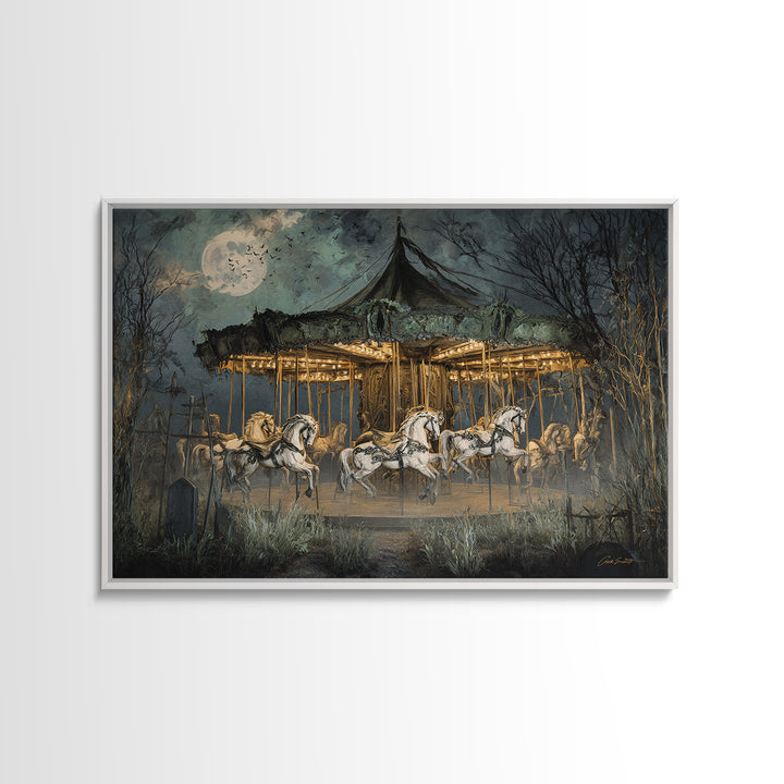 The Graveyard Carousel - Surreal Celestial Vision, Spooky Wall Decor, Landscape Wall Art, Framed Canvas Print, Halloween Home Decor