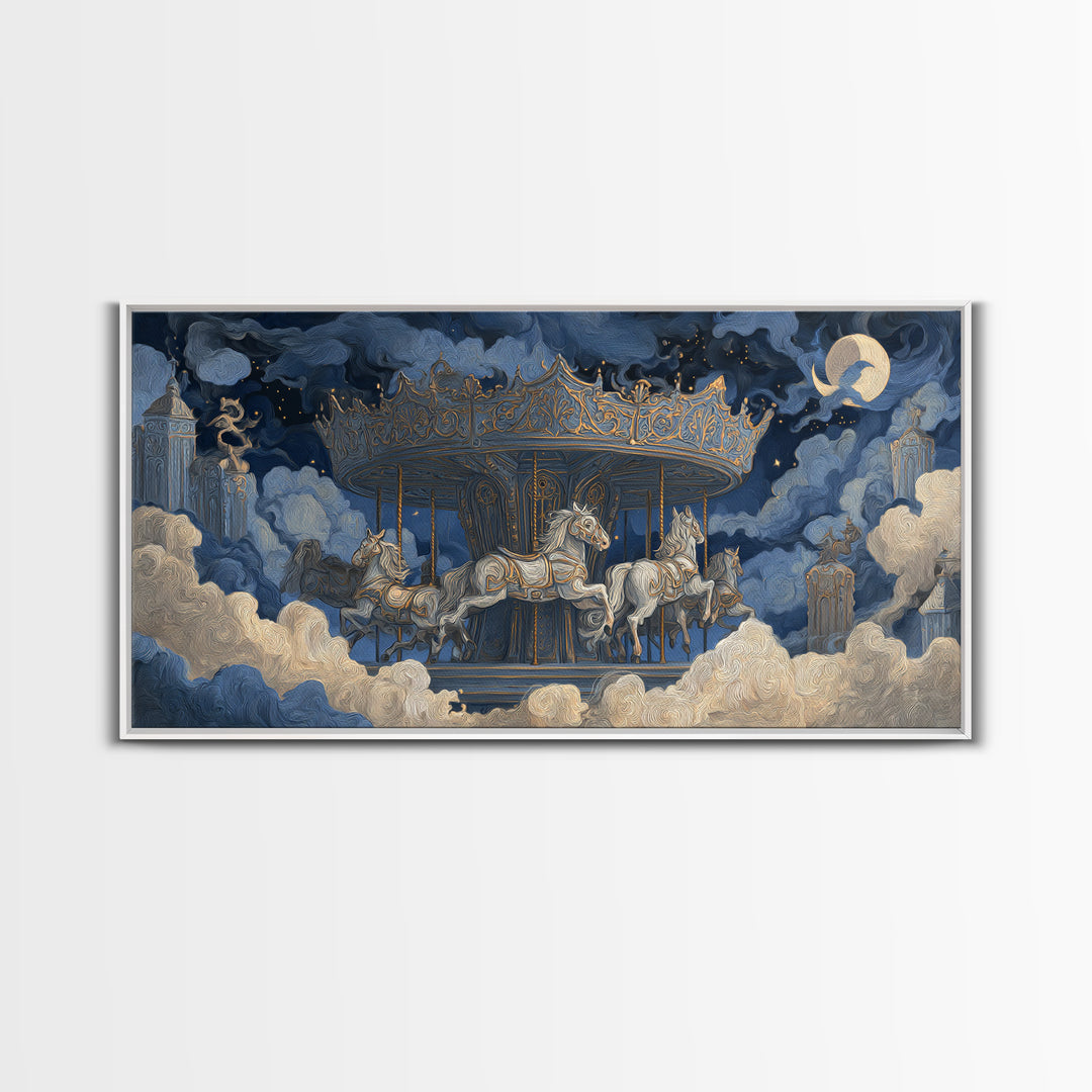 The Graveyard Carousel - Surreal Celestial Vision, Halloween Wall Art, Wide Panoramic Art, Framed Canvas Print, Halloween Home Decor