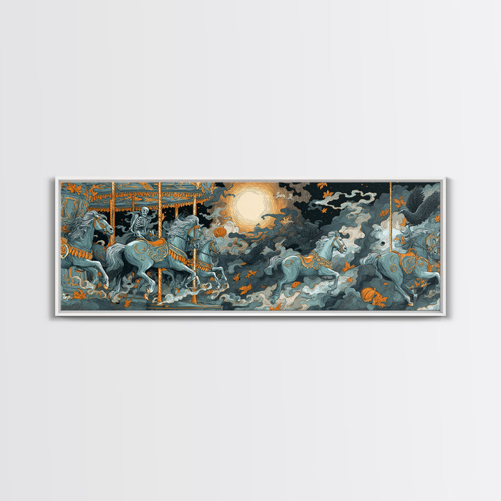 The Graveyard Carousel - Surreal Celestial Vision, Spooky Wall Decor, Extra Wide Wall Art, Framed Canvas Print, Halloween Home Decor