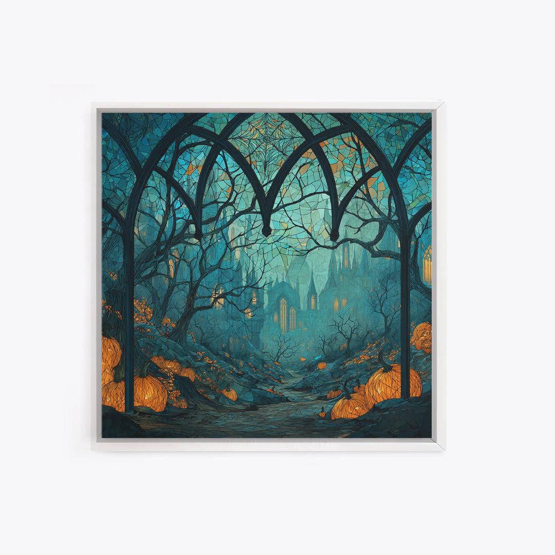 The Spiderweb Cathedral Window - Environmental Panorama, Halloween Wall Art, Square Wall Art, Framed Canvas Print, Halloween Home Decor