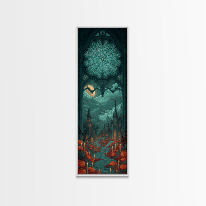 The Spiderweb Cathedral Window - Environmental Panorama, Spooky Wall Decor, Tall Narrow Wall Art, Framed Canvas Print, Halloween Home Decor