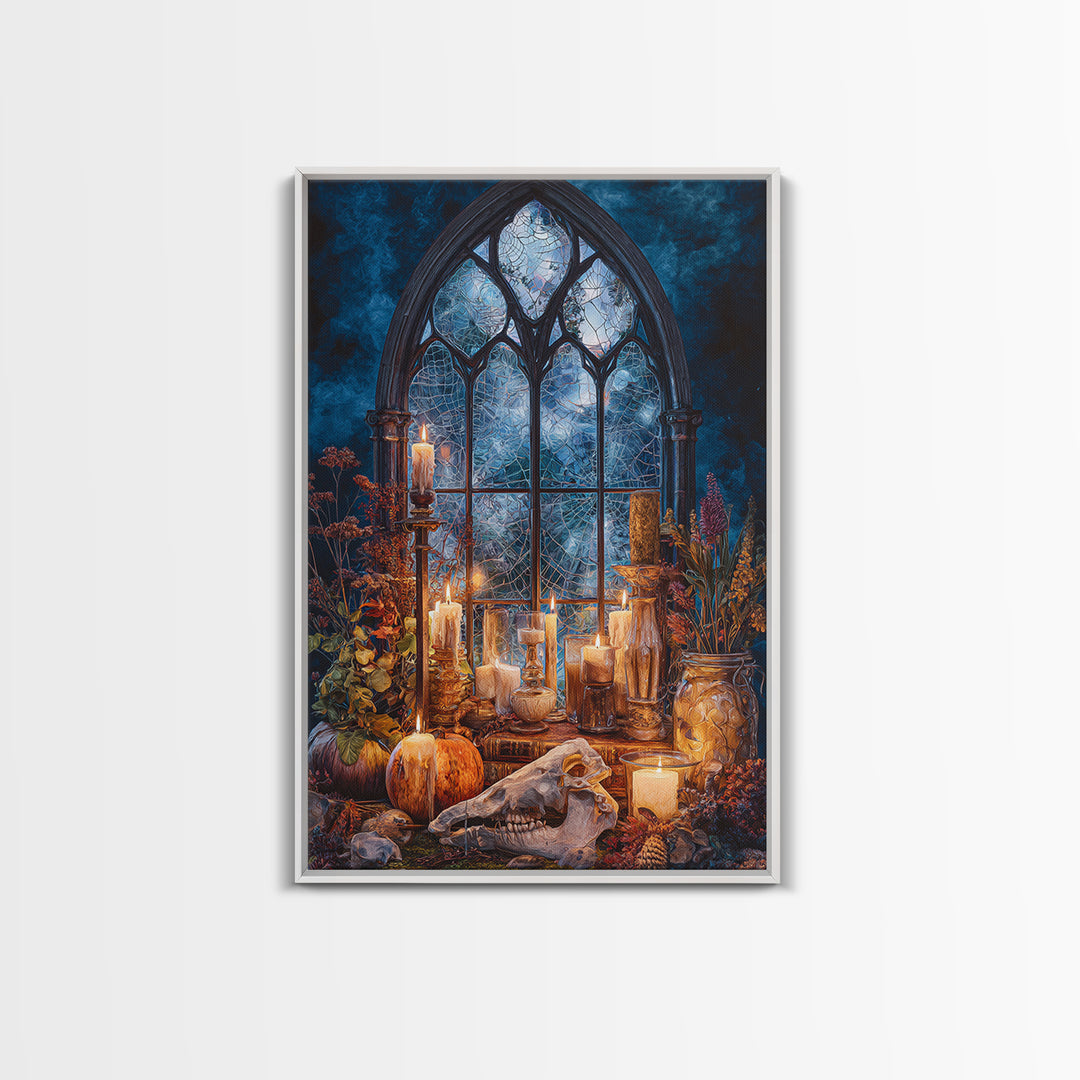 The Spiderweb Cathedral Window - Occult Still Life, Dark Fantasy Wall Art, Vertical Wall Art, Canvas Print, Halloween Home Decor
