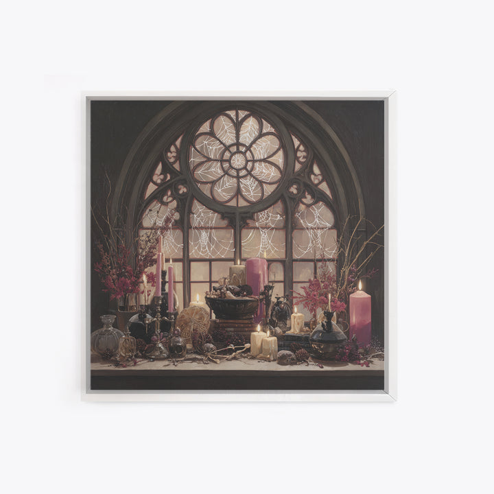 The Spiderweb Cathedral Window - Occult Still Life, Spooky Wall Decor, Square Wall Art, Framed Canvas Print, Halloween Home Decor