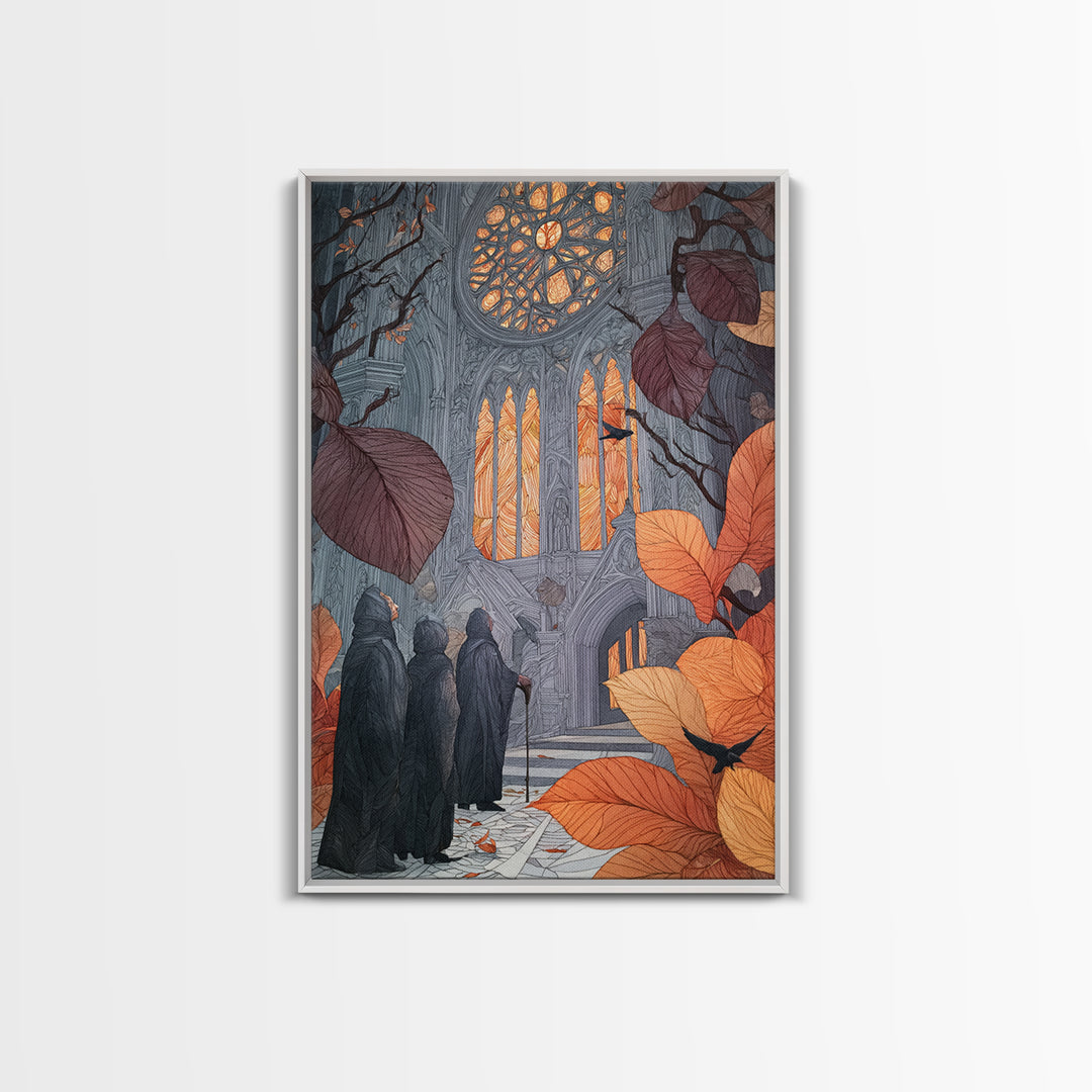 The Spiderweb Cathedral Window - Procession Scene, Halloween Wall Art, Vertical Wall Art, Framed Canvas Print, Halloween Home Decor