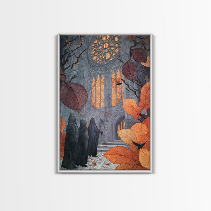 The Spiderweb Cathedral Window - Procession Scene, Halloween Wall Art, Vertical Wall Art, Framed Canvas Print, Halloween Home Decor