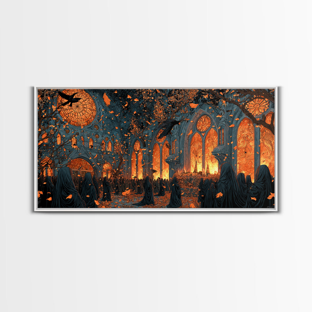 The Spiderweb Cathedral Window - Procession Scene, Occult Wall Decor, Wide Panoramic Art, Canvas Print, Halloween Home Decor