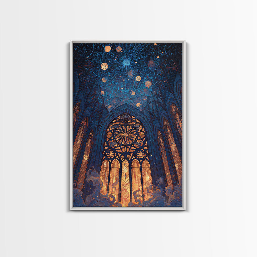 The Spiderweb Cathedral Window - Surreal Celestial Vision, Gothic Home Decor, Vertical Wall Art, Canvas Print, Halloween Home Decor