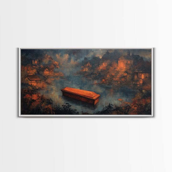 The Floating Coffin Garden - Environmental Panorama, Occult Wall Decor, Wide Panoramic Art, Canvas Print, Halloween Home Decor