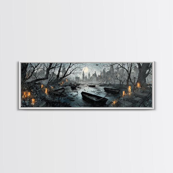 The Floating Coffin Garden - Environmental Panorama, Dark Fantasy Wall Art, Extra Wide Wall Art, Canvas Print, Halloween Home Decor