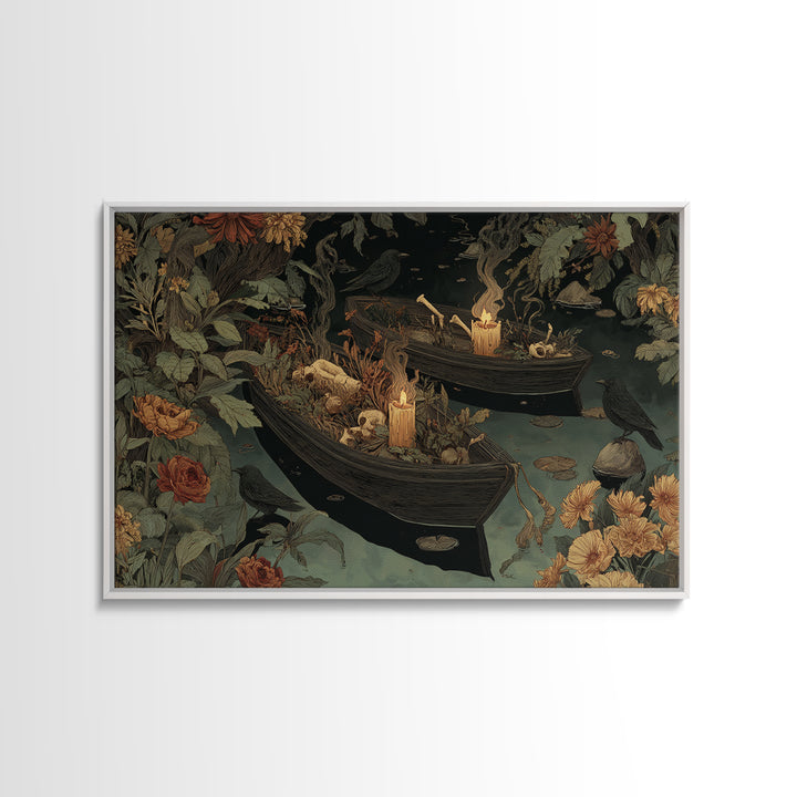 The Floating Coffin Garden - Occult Still Life, Spooky Wall Decor, Landscape Wall Art, Framed Canvas Print, Halloween Home Decor
