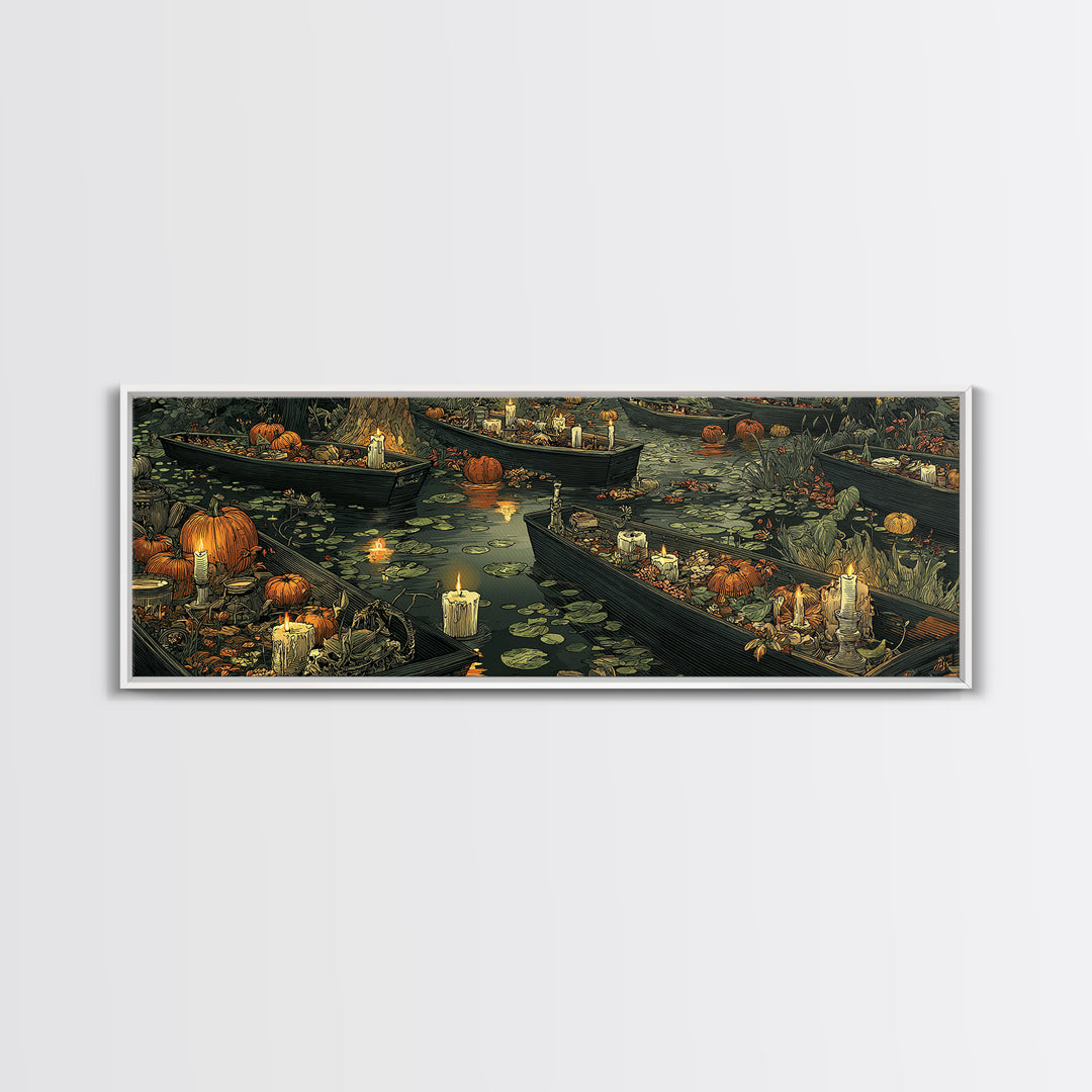 The Floating Coffin Garden - Occult Still Life, Spooky Wall Decor, Extra Wide Wall Art, Framed Canvas Print, Halloween Home Decor