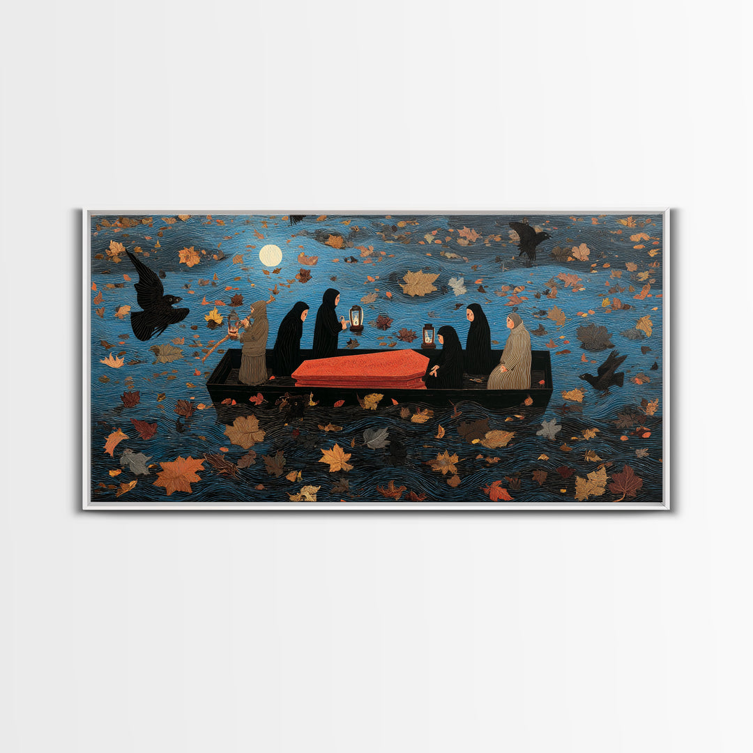 The Floating Coffin Garden - Procession Scene, Macabre Halloween Art, Wide Panoramic Art, Framed Canvas Print, Halloween Home Decor