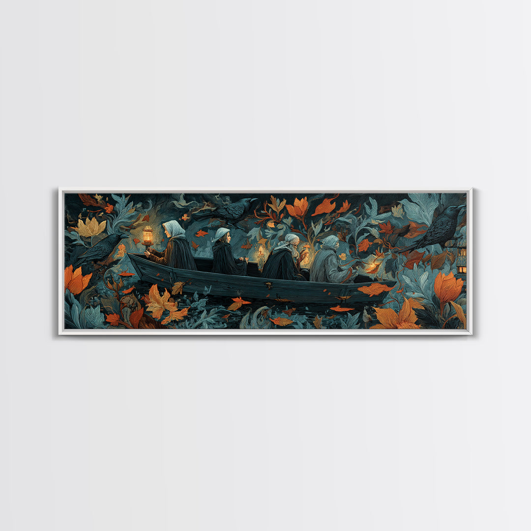 The Floating Coffin Garden - Procession Scene, Halloween Wall Art, Extra Wide Wall Art, Framed Canvas Print, Halloween Home Decor