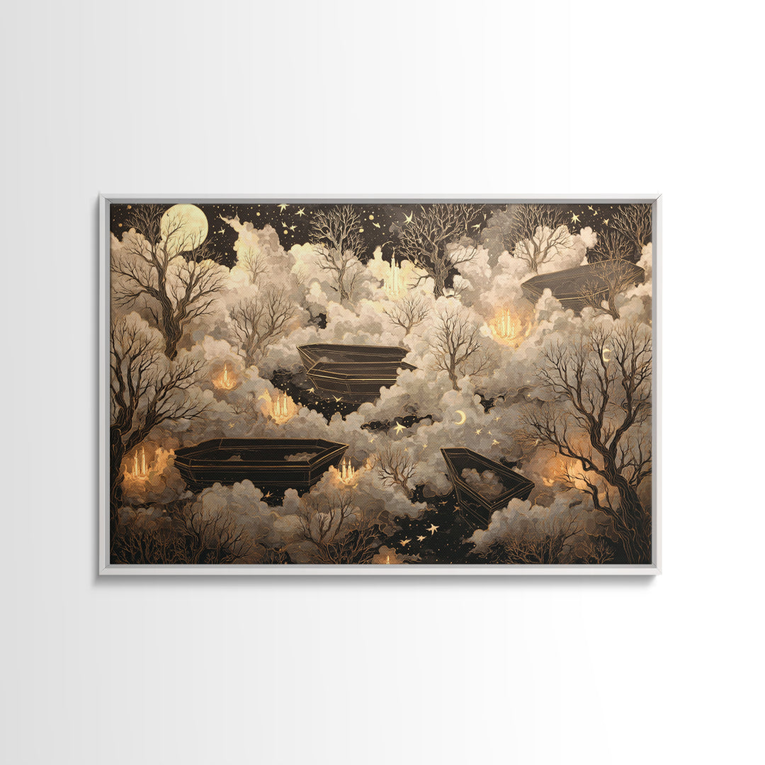The Floating Coffin Garden - Surreal Celestial Vision, Macabre Halloween Art, Landscape Wall Art, Framed Canvas Print, Halloween Home Decor