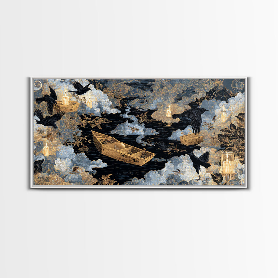 The Floating Coffin Garden - Surreal Celestial Vision, Halloween Wall Art, Wide Panoramic Art, Framed Canvas Print, Halloween Home Decor