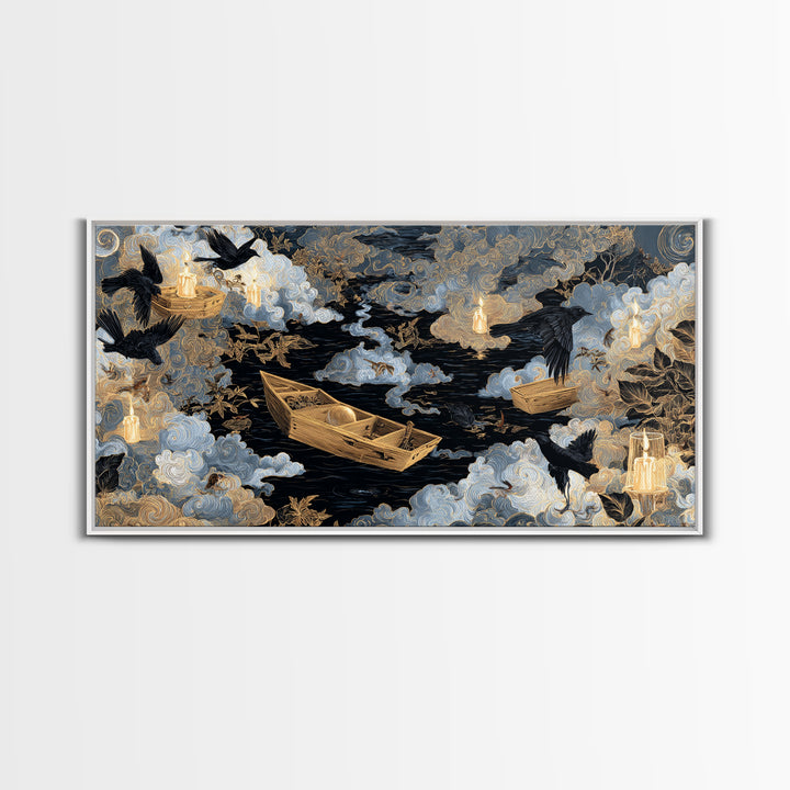 The Floating Coffin Garden - Surreal Celestial Vision, Halloween Wall Art, Wide Panoramic Art, Framed Canvas Print, Halloween Home Decor