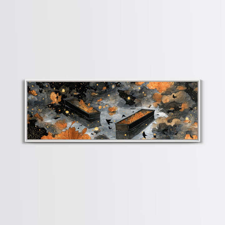 The Floating Coffin Garden - Surreal Celestial Vision, Spooky Wall Decor, Extra Wide Wall Art, Framed Canvas Print, Halloween Home Decor