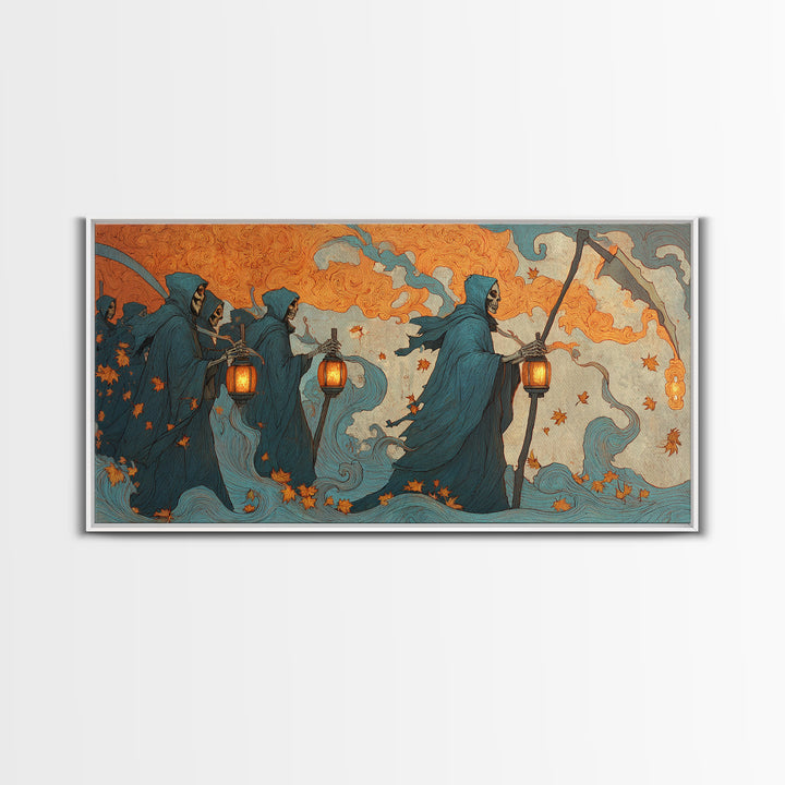 The Autumn Reaper Parade - Icon Portrait, Dark Fantasy Wall Art, Wide Panoramic Art, Canvas Print, Halloween Home Decor, Gothic Wall Art