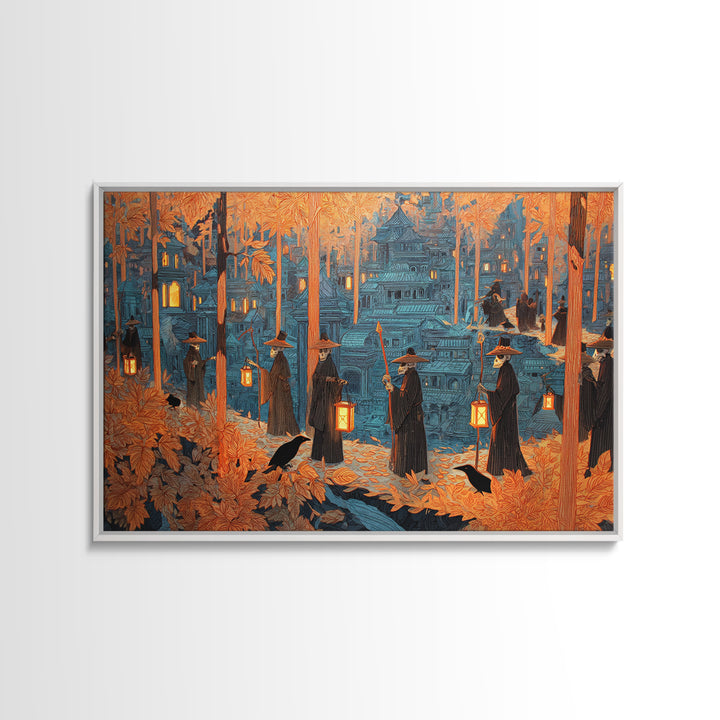 The Autumn Reaper Parade - Environmental Panorama, Macabre Halloween Art, Landscape Wall Art, Framed Canvas Print, Halloween Home Decor