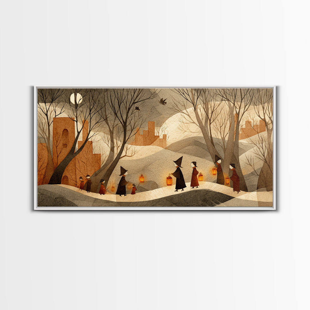 The Autumn Reaper Parade - Environmental Panorama, Spooky Wall Decor, Wide Panoramic Art, Framed Canvas Print, Halloween Home Decor