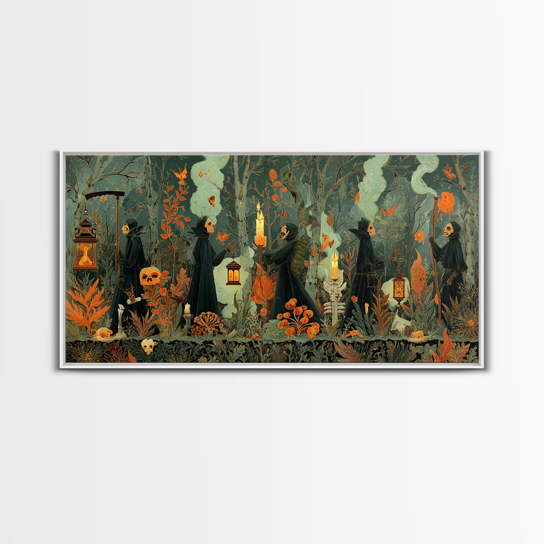 The Autumn Reaper Parade - Occult Still Life, Occult Wall Decor, Wide Panoramic Art, Canvas Print, Halloween Home Decor, Gothic Wall Art