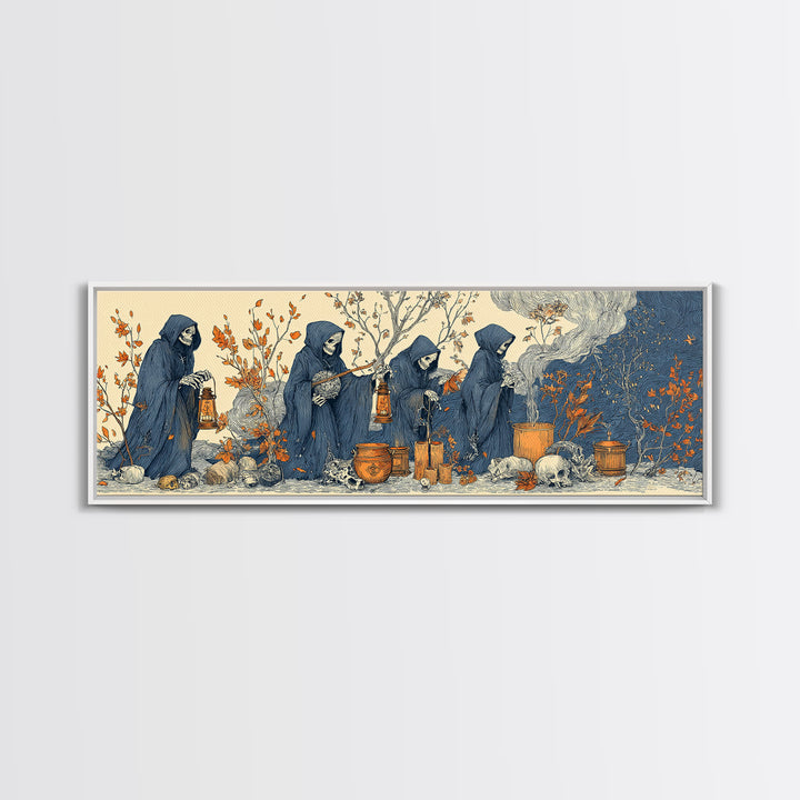 The Autumn Reaper Parade - Occult Still Life, Halloween Wall Art, Extra Wide Wall Art, Framed Canvas Print, Halloween Home Decor
