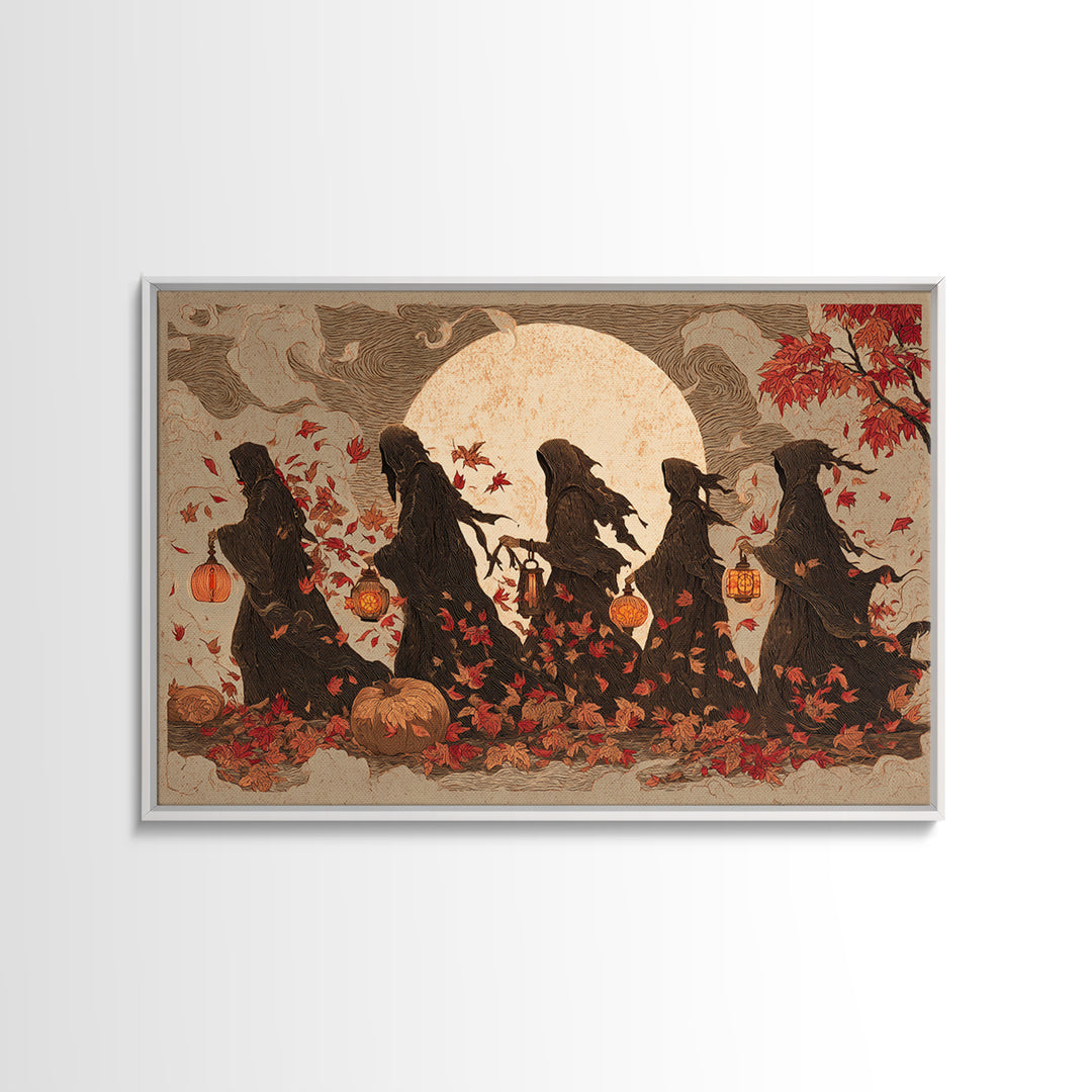 The Autumn Reaper Parade - Procession Scene, Macabre Halloween Art, Landscape Wall Art, Framed Canvas Print, Halloween Home Decor