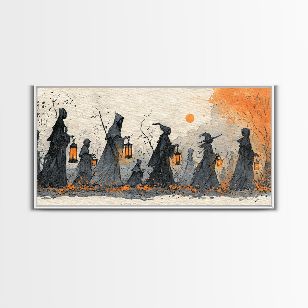 The Autumn Reaper Parade - Procession Scene, Spooky Wall Decor, Wide Panoramic Art, Framed Canvas Print, Halloween Home Decor